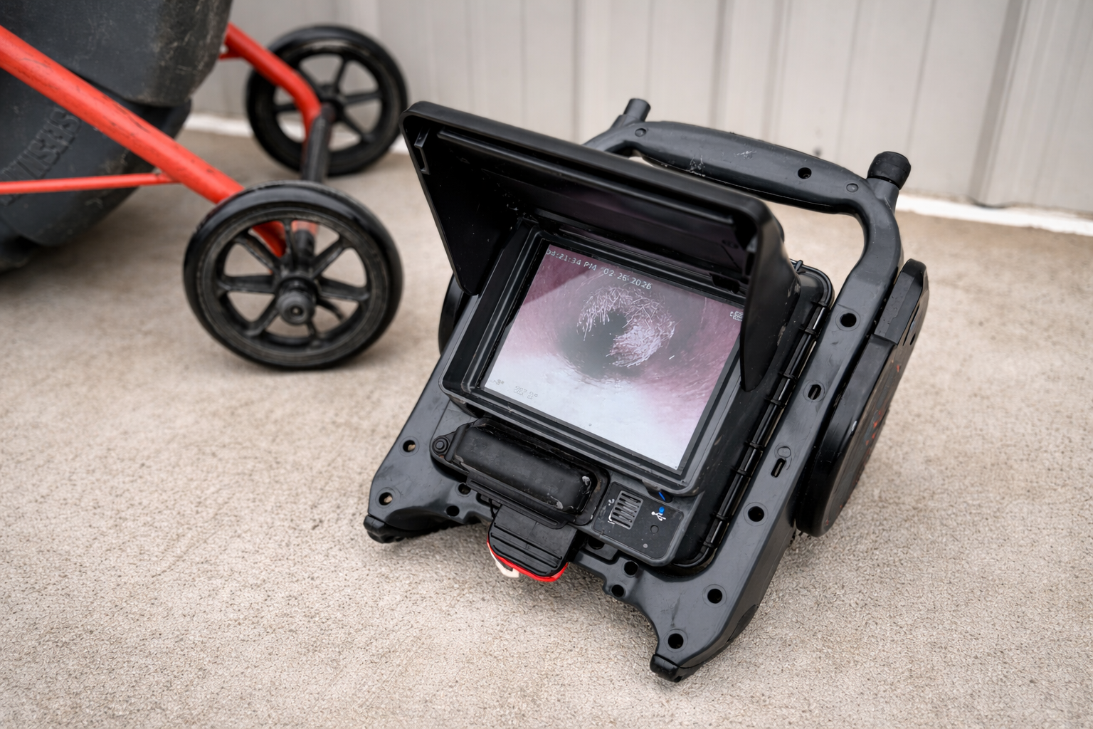 Sewer camera monitor showing pipe interior